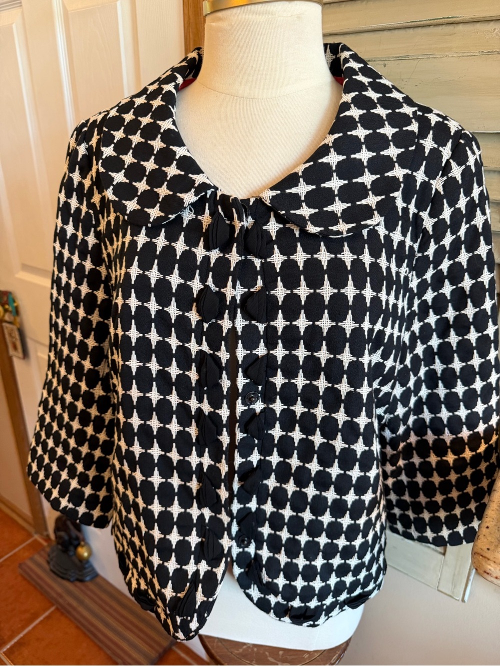 Willi Smith Black Jacket with White Geometric Stitching and Red Lining